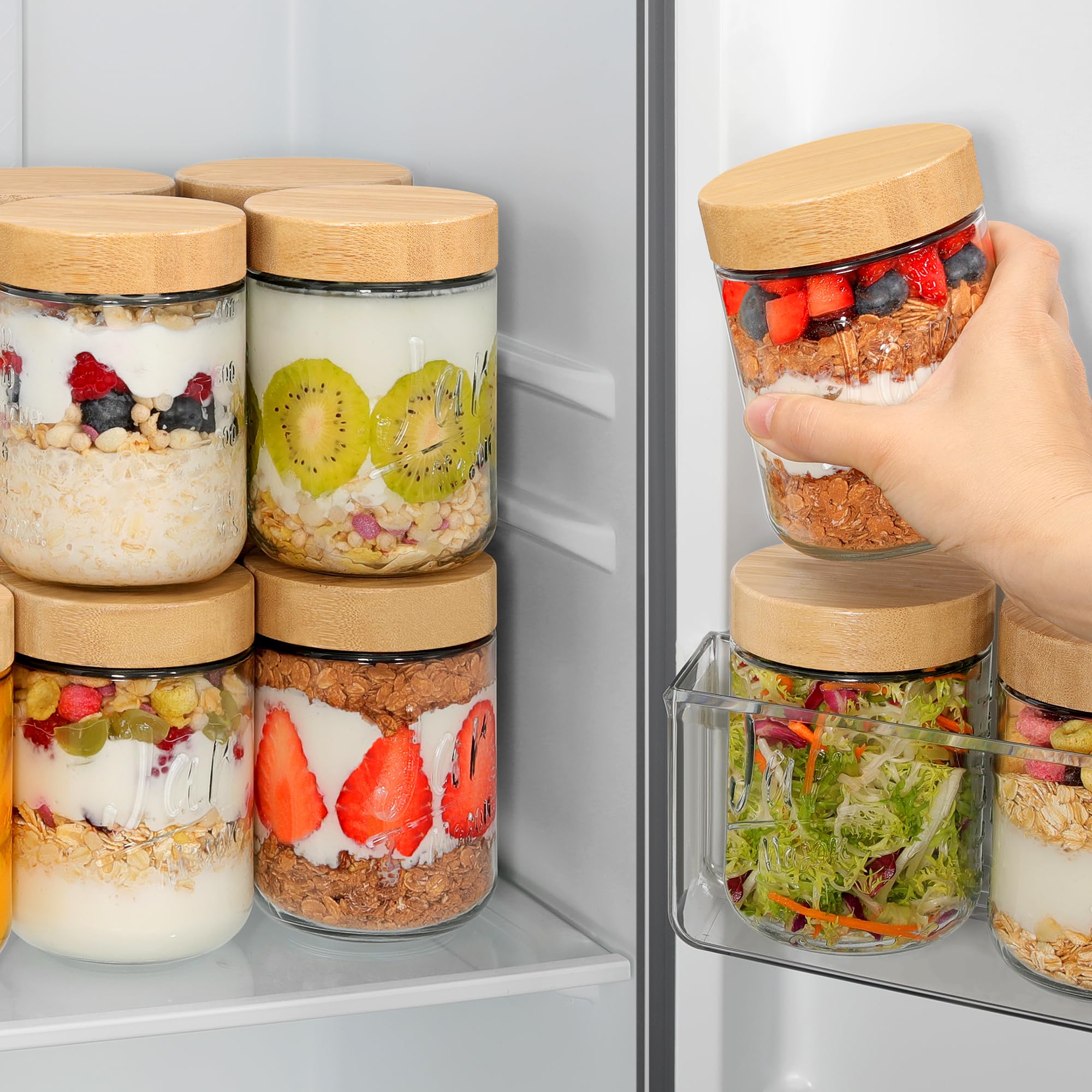 Xyptorix 4-Pack Overnight Oats Containers with Bamboo Lids, 16oz Airtight Glass Meal Prep Jars for Oatmeal, Yogurt, Parfaits, Chia Pudding, Leakproof Mason Jars for Overnight Oats & Food Storage