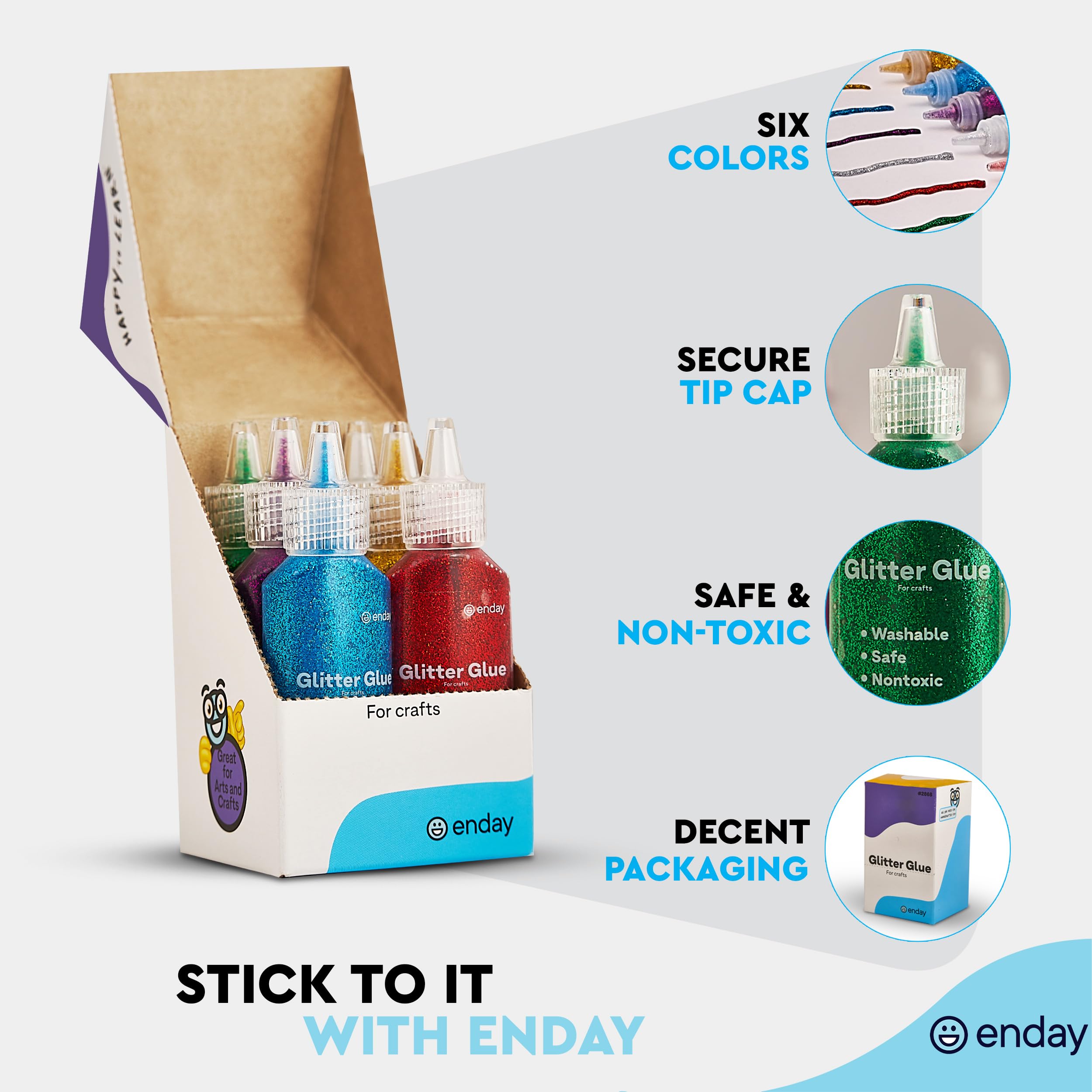 Glitter Glue for Crafts in Bright Classic Colors: Silver, Red, Green, Blue, Purple & Gold Glitter Glue Washable & Non-Toxic Used for Gluing, Drawing, Writing, Outlining, 0.67 OZ (6 Pieces) - by Enday