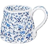 Movlen Large Ceramic Coffee Mug Cute Flower with Handmade Big Handle, 20oz Girly Blue Floral Tea Cup for Women Valentine Gift, Novelty Irregular Oversized Christmas Mugs for Latte Tea Milk Cocoa