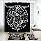 ArtSocket Bathroom Sets with Shower Curtain and Rugs, Baphomet Goth | Set of 4 Satan Retro Geometry Bathroom Decor Set with Toilet Lid Cover, Non-Slip Bath Mats and Accessories 12 Hooks