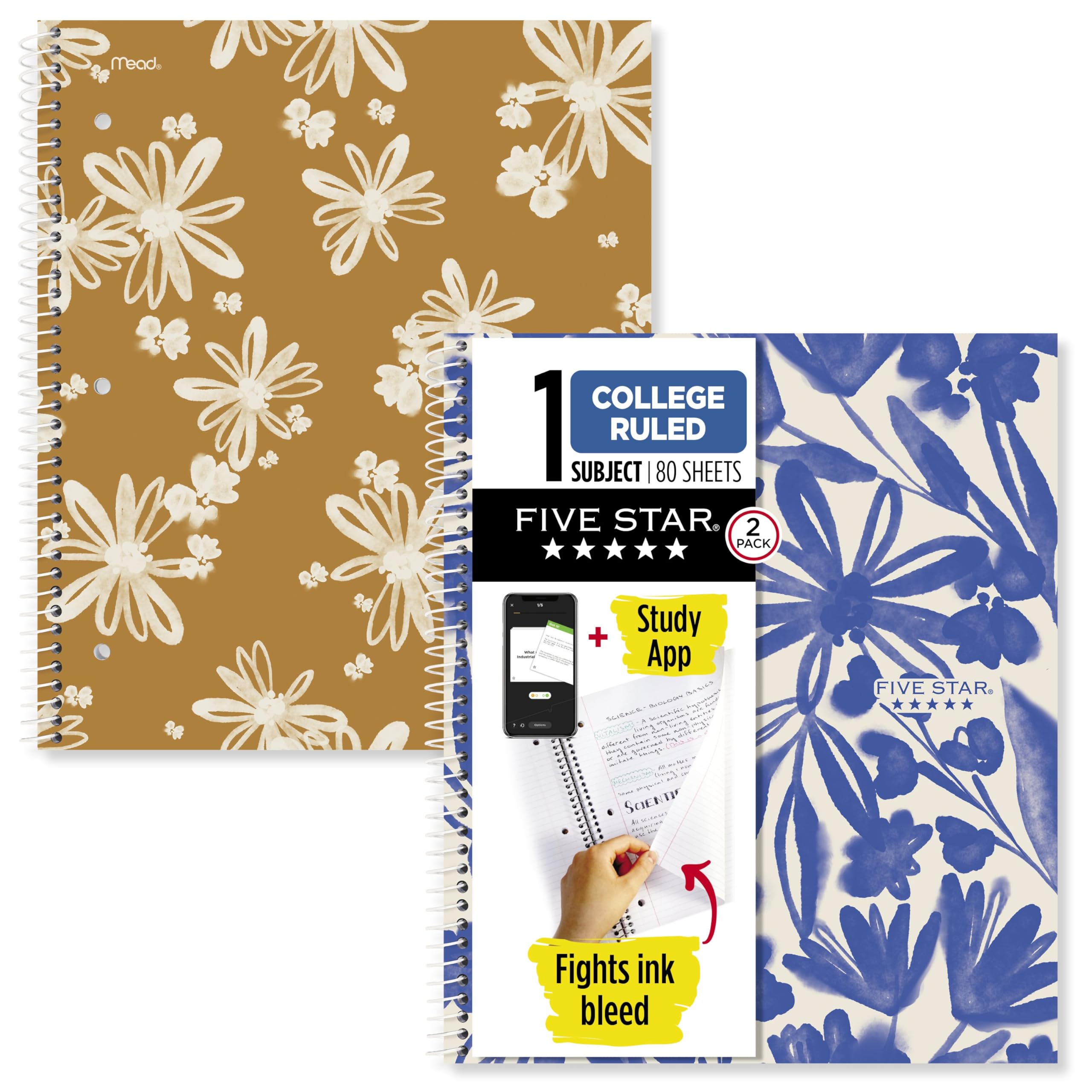 Photo 1 of Five Star Spiral Notebook + Study App, 2 Pack, 1 Subject, College Ruled, 8-1/2" x 11", 80 Sheets, Fights Ink Bleed, Water Resistant Cover, Soft Petals (820331F-ECM)