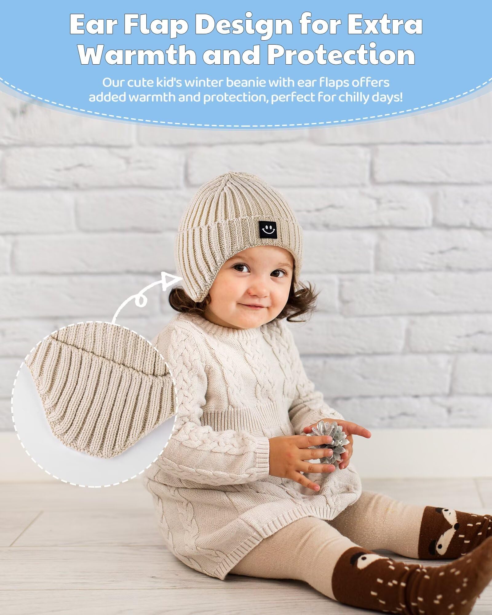 3 Pack Baby Beanie Hats with Earflaps, 2 Size Baby Winter Hat for Infant Toddler Kids, Fleece Lined Knit Hat for Girls Boys