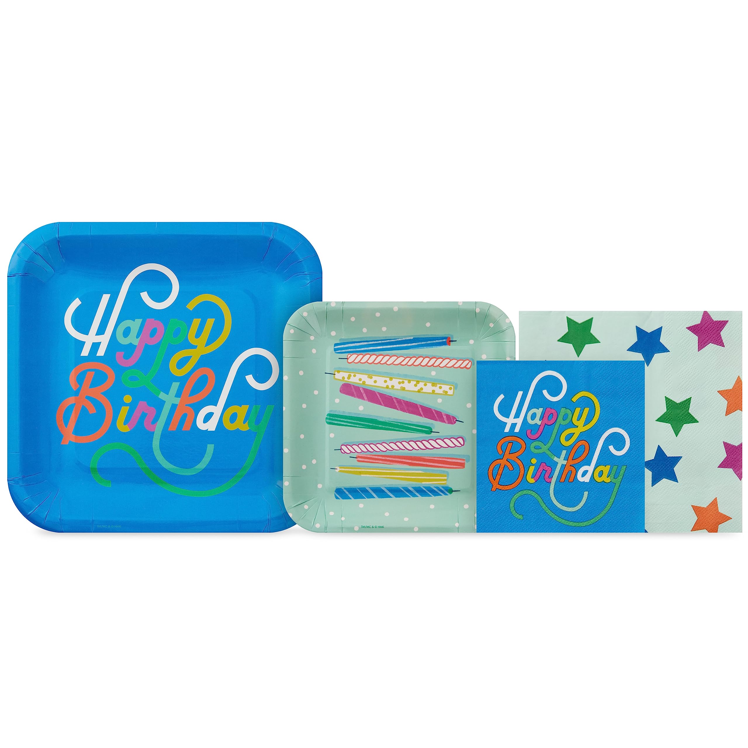 Hallmark Blue and Mint Green Birthday Party Supplies (16 Square Dinner Plates, 16 Square Dessert Plates, 16 Beverage Napkins, 16 Dinner Napkins) Stars and Candles