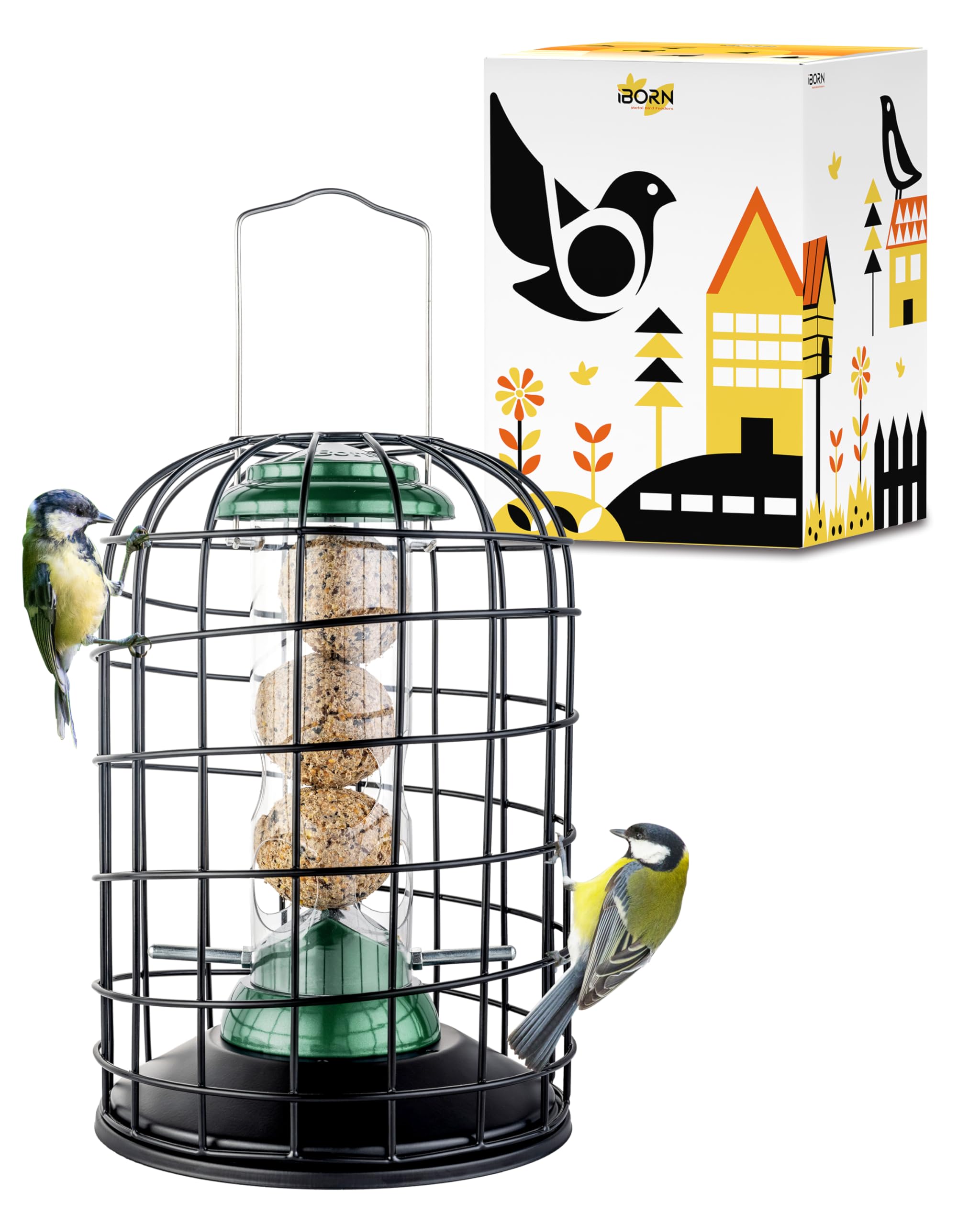 iBorn Squirrel Proof Fat Ball Feeder- Heavy Duty All Metal Bird Feeders Hanging, Anti-UV Energy Fat Ball Feeder for Wild Birds, 8 Inch Green for Garden