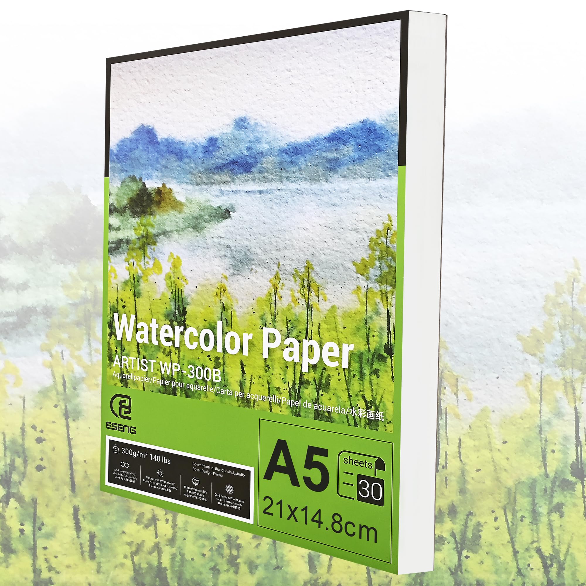 ESENG® Premium Watercolour Paper DIN A5, 100% Cotton - 30 x Sheets - 300 GSM - White, Watercolour Pad, Painting Pad Paper for Watercolour, Drawing, Painting