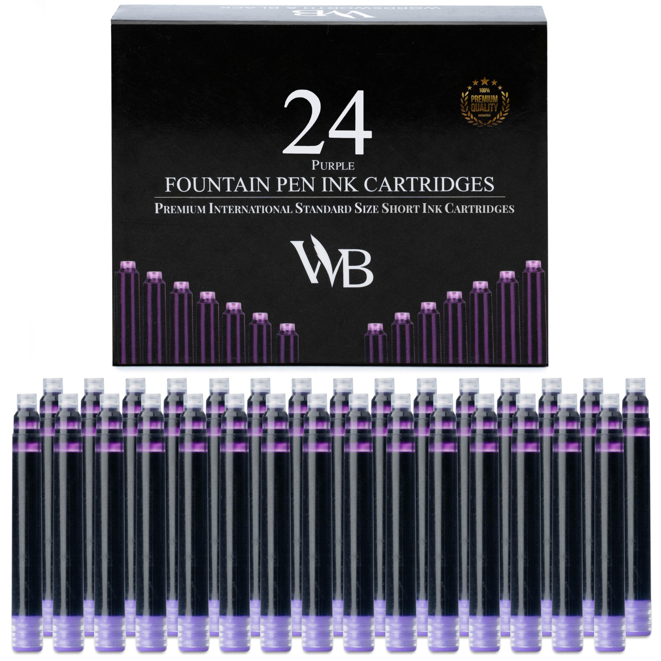 Wordsworth & Black 24 Pack Fountain Pen Ink Refills - Set of 24 Purple Ink Cartridges - International Standard Size - Length APPR 2.3" - Base Diameter APPR 0.24" - Disposable and Generic