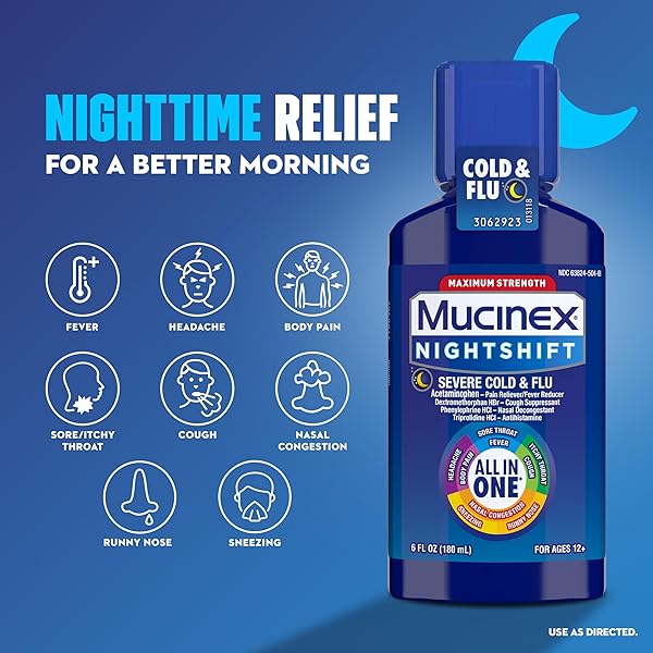 MUCINEX MAXIMUM STRENGTH FAST-MAX COLD & FLU AND NIGHTSHIFT, ALL-IN-ONE MULTI SYMPTOM RELIEF LIQUID, 6 FL OZ – 2 COUNT (PACK OF 1)
