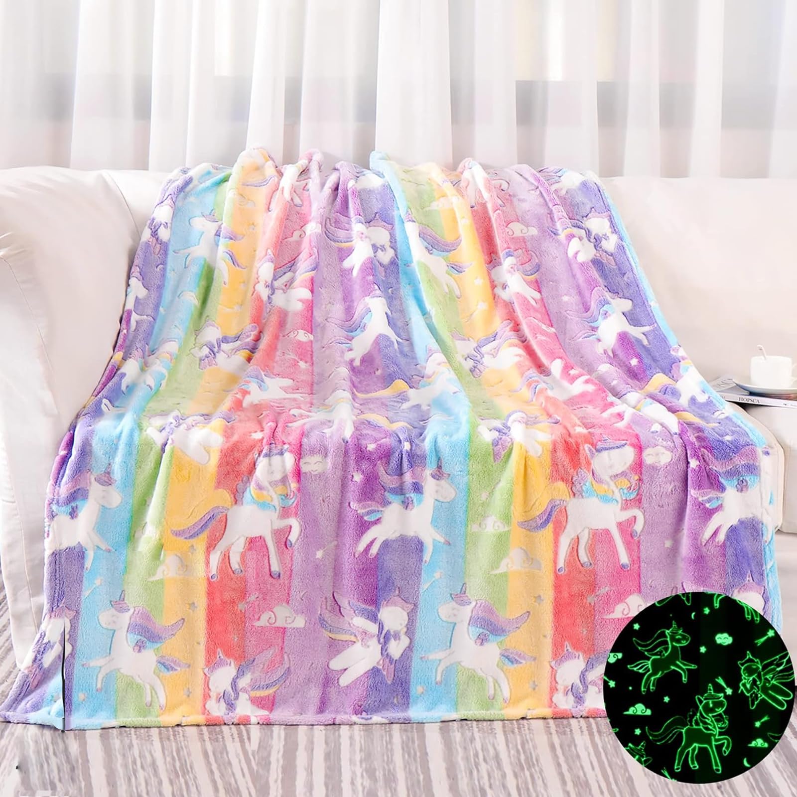 LXTOPN Children's Cuddly Unicorn Blanket, Glow in the Dark, Rainbow, 150x200cm