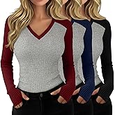 Oakgarden 3 Pack Women's Long Sleeve V Neck Shirts Ribbed Raglan Cotton Tee Slim Fit Tops with Thumb Hole