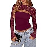 Xuiqx Women's Lace Long Sleeve Going Out Tops Sexy Y2K Crew Neck Cutout Double Lined Slim Night Out Shirts