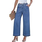 GRAPENT Wide Leg Jeans for Women Trendy High Waisted Drawstring Tie Elastic Waist Stretchy Denim Pants Trouser Jeans