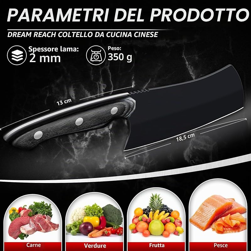 Coltello da Cucina, Coltello da Chef Professionale Adatto per Tagliare Carne, Pesce, Verdura e Frutta, Acciaio Inossidabile ad Alto Tenore di Carbonio, Manico in Legno Ergonomico