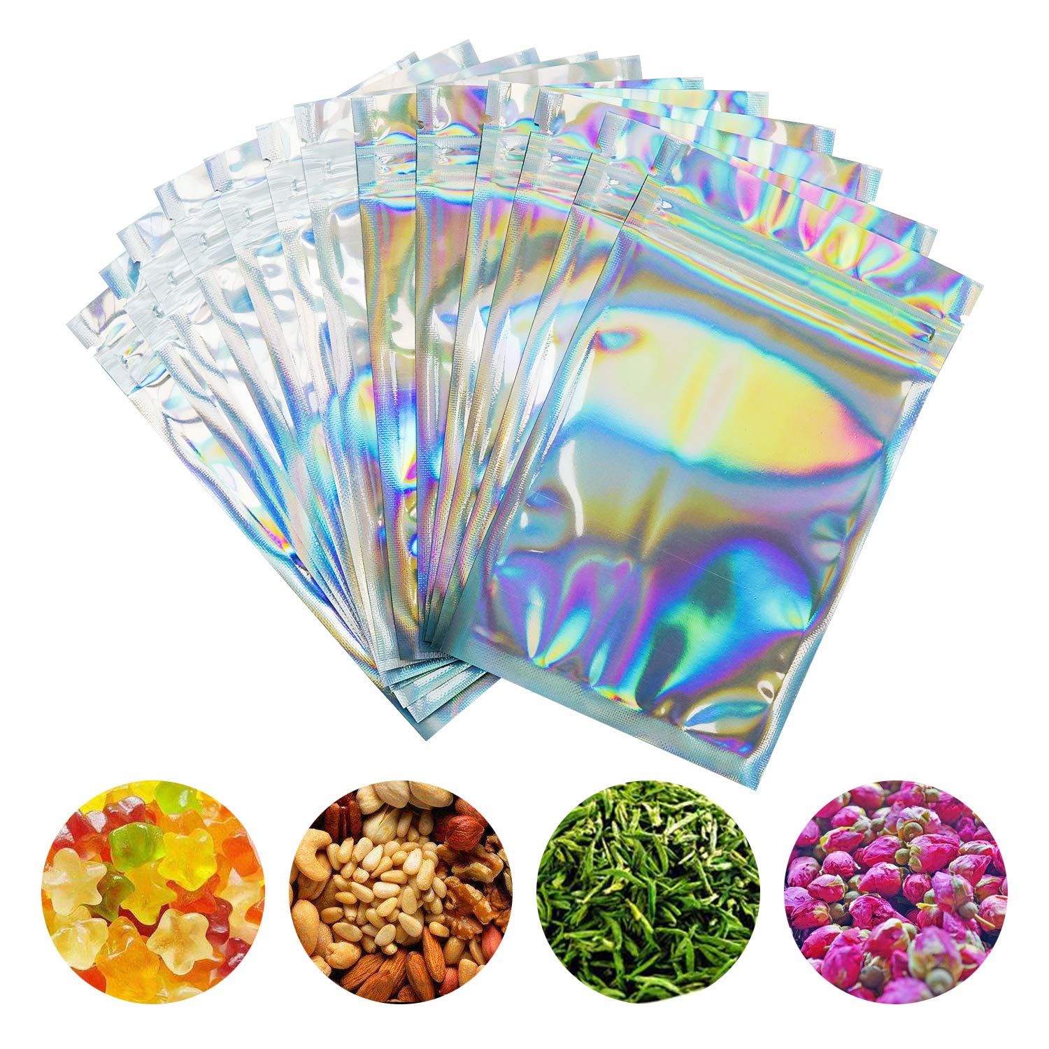 Photo 1 of 100 Pieces Smell Proof Bags - 3x5 Inches Resealable Mylar Bags Clear Zip Lock Food Candy Storage Bags Holographic Rainbow Color