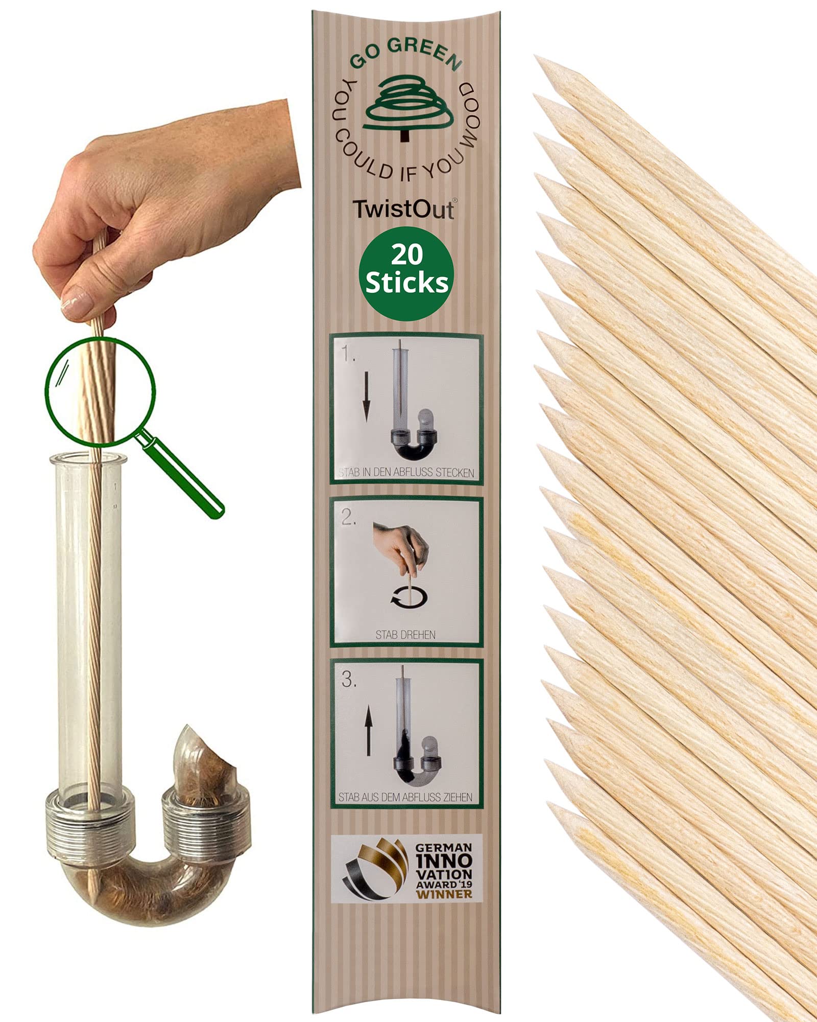 TwistOut, sustainable drain cleaner from the TV-show “die Höhle der Löwen” Switzerland, the wooden pipe cleaner is the perfect hair catcher spiral when the drain is clogged, contains 20 sticks