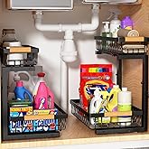Liuoud Under Sink Organizer 2 Pack, 2 Tier Slide Out Large Capacity Height Adjustable Under Sink Organizers and Storage for Kitchen Bathroom Cabinet, Black