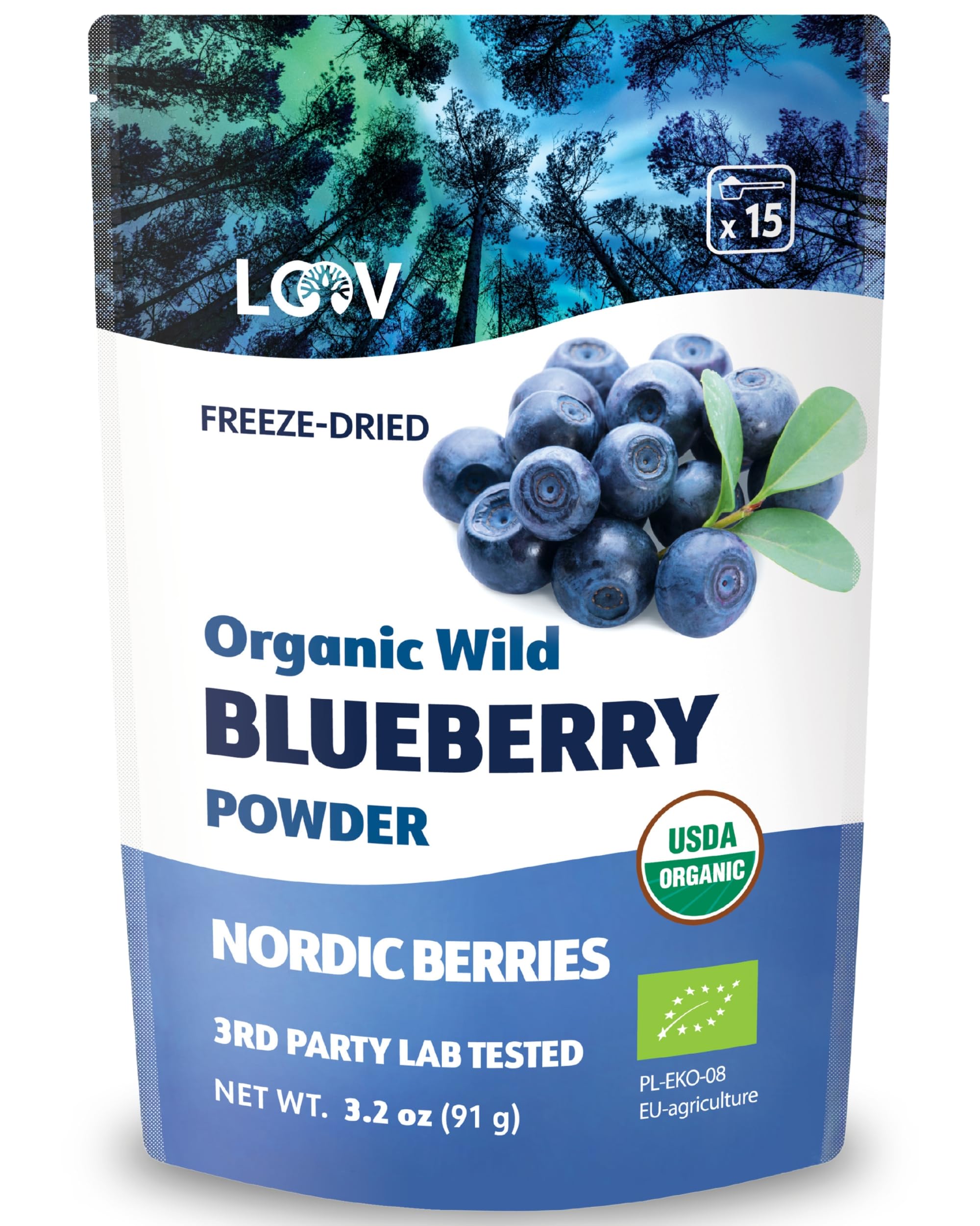 LOOV Wild Blueberry Powder Organic, Wild-Crafted from Nordic Forests, 100% Whole Fruit Bilberry, 15-Day Supply, 91 g, Freeze-Dried and Powdered Blueberries, No Added Sugar