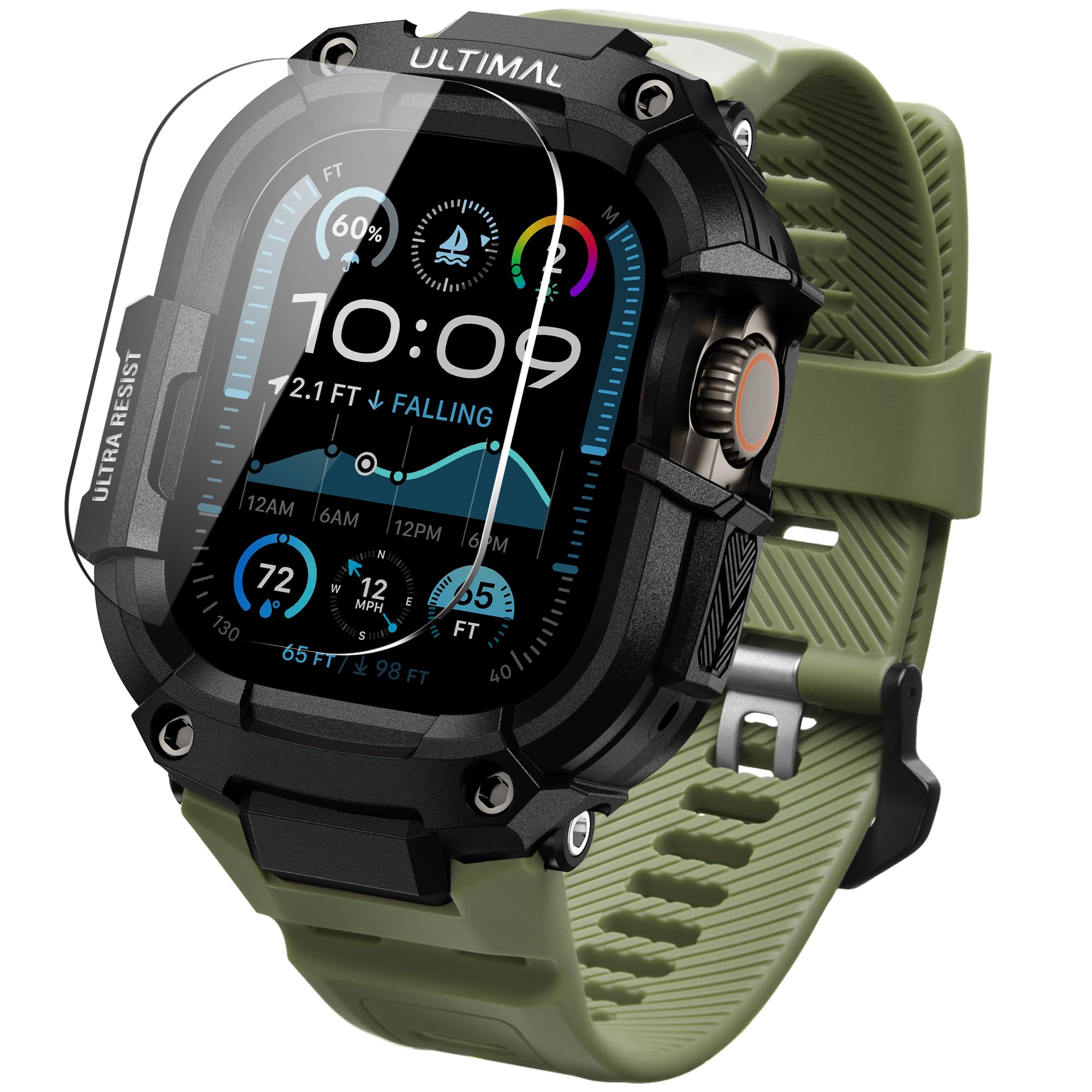 Photo 1 of ULTIMAL Bands Case Compatible with Apple Watch Ultra 2/1 49mm for Men, Rugged Sports Band with Tough Shockproof Bumper Case, Heavy Duty Replacement Band (Black/Green)