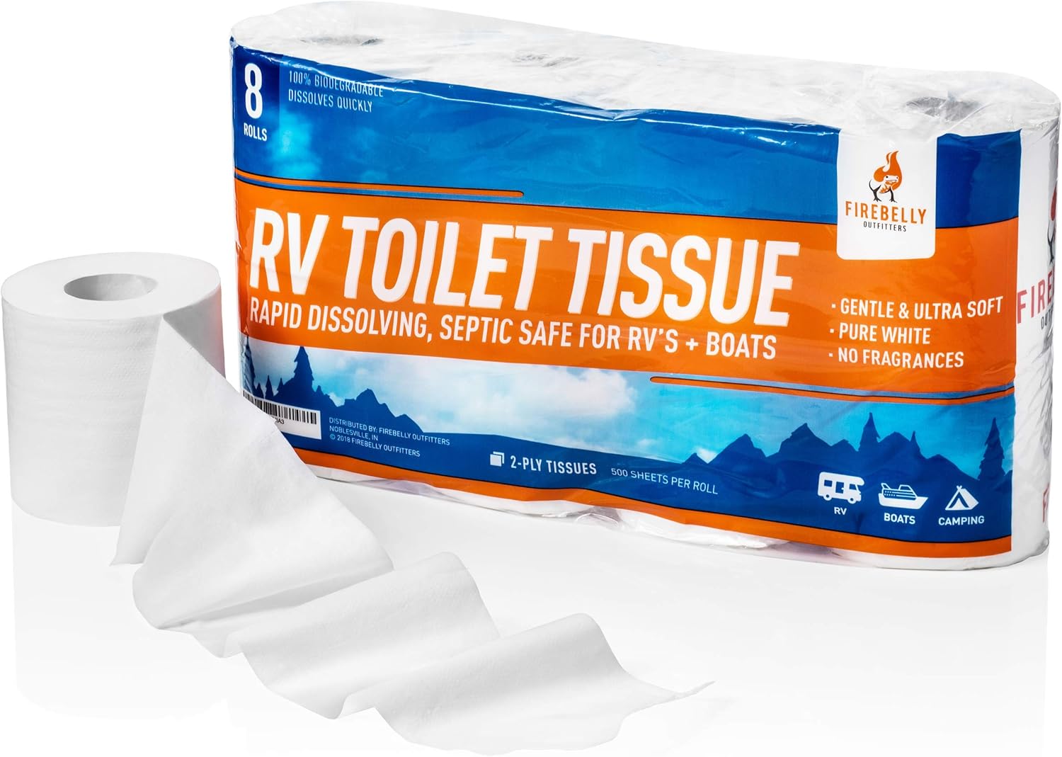 Firebelly Outfitters RV Toilet Paper, Septic Tank Safe - 8 Rolls, 2-Ply 500 Sheets - Fast Dissolve Bath Tissue for Camping, Marine, RV Holding Tanks, Reduces Camper Sewer System Clogs, Biodegradable: Sports & Outdoors