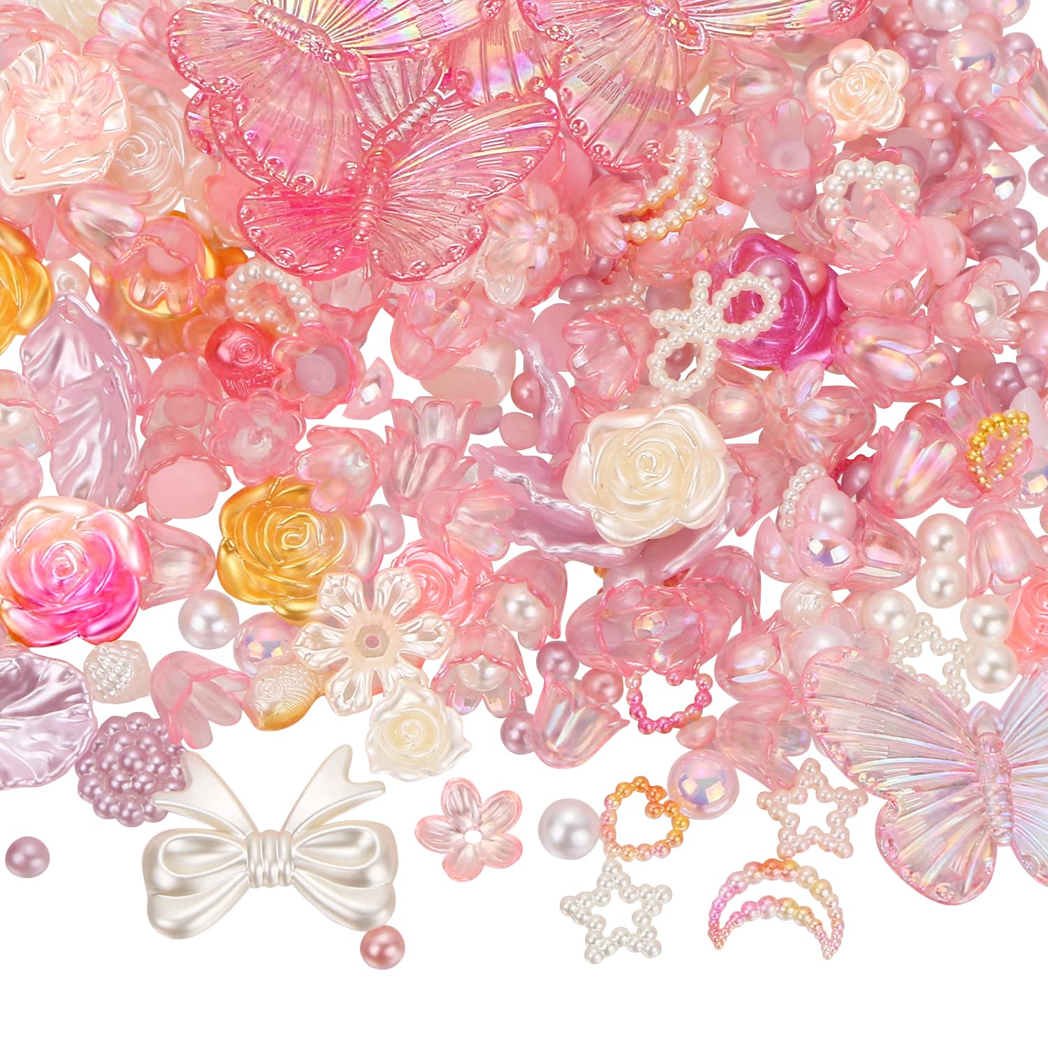 Photo 1 of 350 PCS 3D Resin ABS Rose Flower Bows Butterfly Flatback Charms, UHOMENY Mix Shape Acrylic Pink Embellishments Beads with Half Round AB Pearls for Bracelets Necklace Jewelry Making DIY Crafts