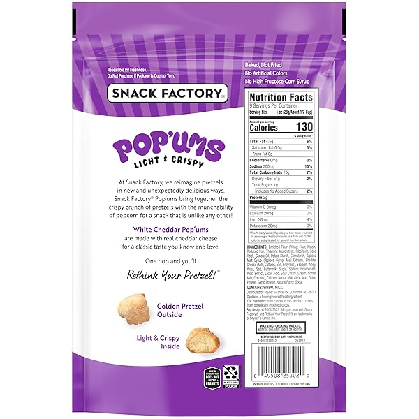 SNACK FACTORY POP’UMS WHITE CHEDDAR PRETZEL SNACKS, 9 OZ BAG