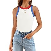 ZESICA Womens Summer Sleeveless Tank Tops Ribbed High Neck Racerback Slim Fitted Color Block Casual Shirts