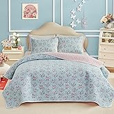 Joyreap Twin Size Floral Quilt Set for Girls, Pink Flowers on Blue Design, 3pcs Microfiber Lightweight Quilt Bedding Set, Bedspread Bed Cover for All Season- 68x88 inches