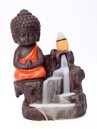 Decora Craft Poly Resin Buddha Smoke Fountain with 10 Smoke Back Flow Scented Cone Incenses (Red)