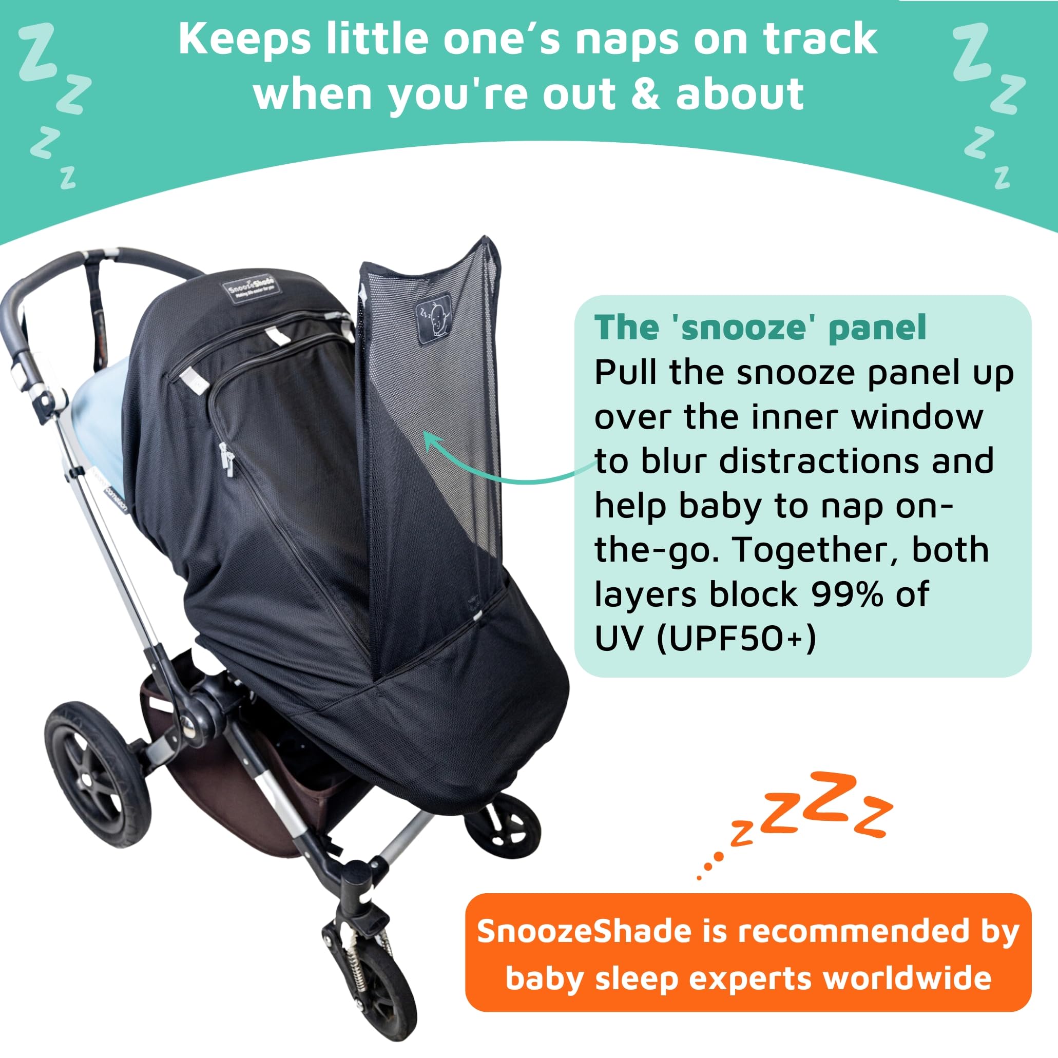 SnoozeShade Plus Extra–Stroller Sun Shade & Mosquito Net for 6m+ Babies Blocks 97.5% of UV (UPF 40+) Universal Fit Blackout Sleep Cover with Peekaboo Window Breathable Mesh Canopy for Single Strollers