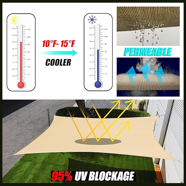 ROYAL SHADE 12′ X 20′ SAND BEIGE RECTANGLE SUN SHADE SAIL RS-SLR, UPF50+ 95% UV BLOCKAGE, 200GSM COMMERCIAL STANDARD HEAVY DUTY, WATER & AIR PERMEABLE CANOPY FABRIC FOR PATIO (WE MAKE CUSTOM SIZES)