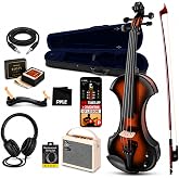 Pyle 4/4 Silent Electric Violin with Amplifier Kit, Solid Wood Fiddle with 10W Amp and Complete Accessories, Full Size Orchestral String Instrument For Beginner &amp; Professional Use