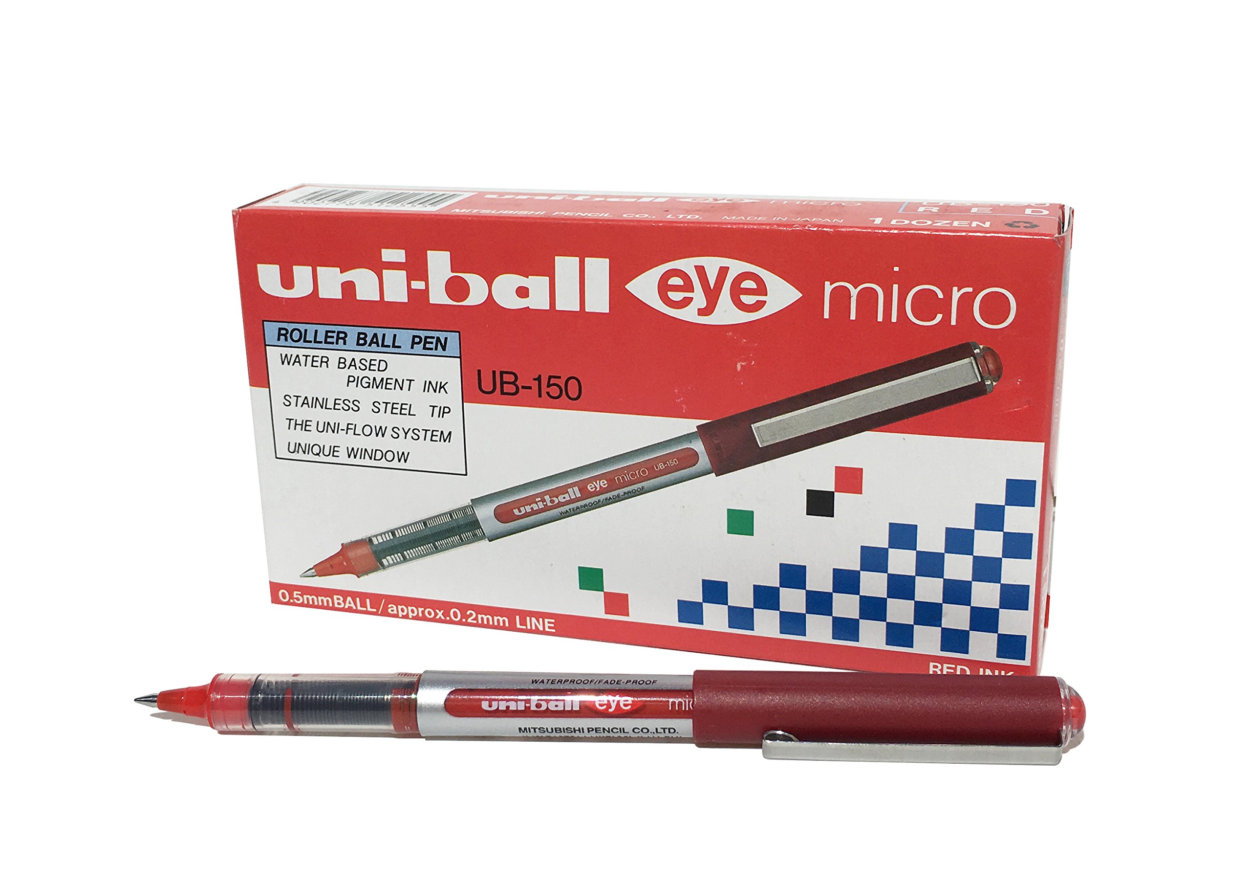 uni-ball UB-150E Eye Micro Rollerball Pens, Red Uni Super Ink, .5mm Nib, Box of 12