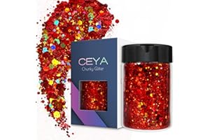 Ceya Holographic Chunky Glitter 4.9oz/ 140g Red Glitter Craft Roses Glitter Powder Mixed Chunky Flakes Iridescent Nail Sequins for Nail Art,Hair,Epoxy Resin,Tumbler,Slime,Painting,Festival Decor