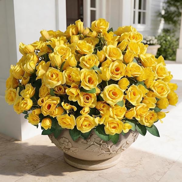16 BUNDLES 17″ARTIFICIAL ROSES, REALISTIC SILK BOUQUET FLOWER(YELLOW)