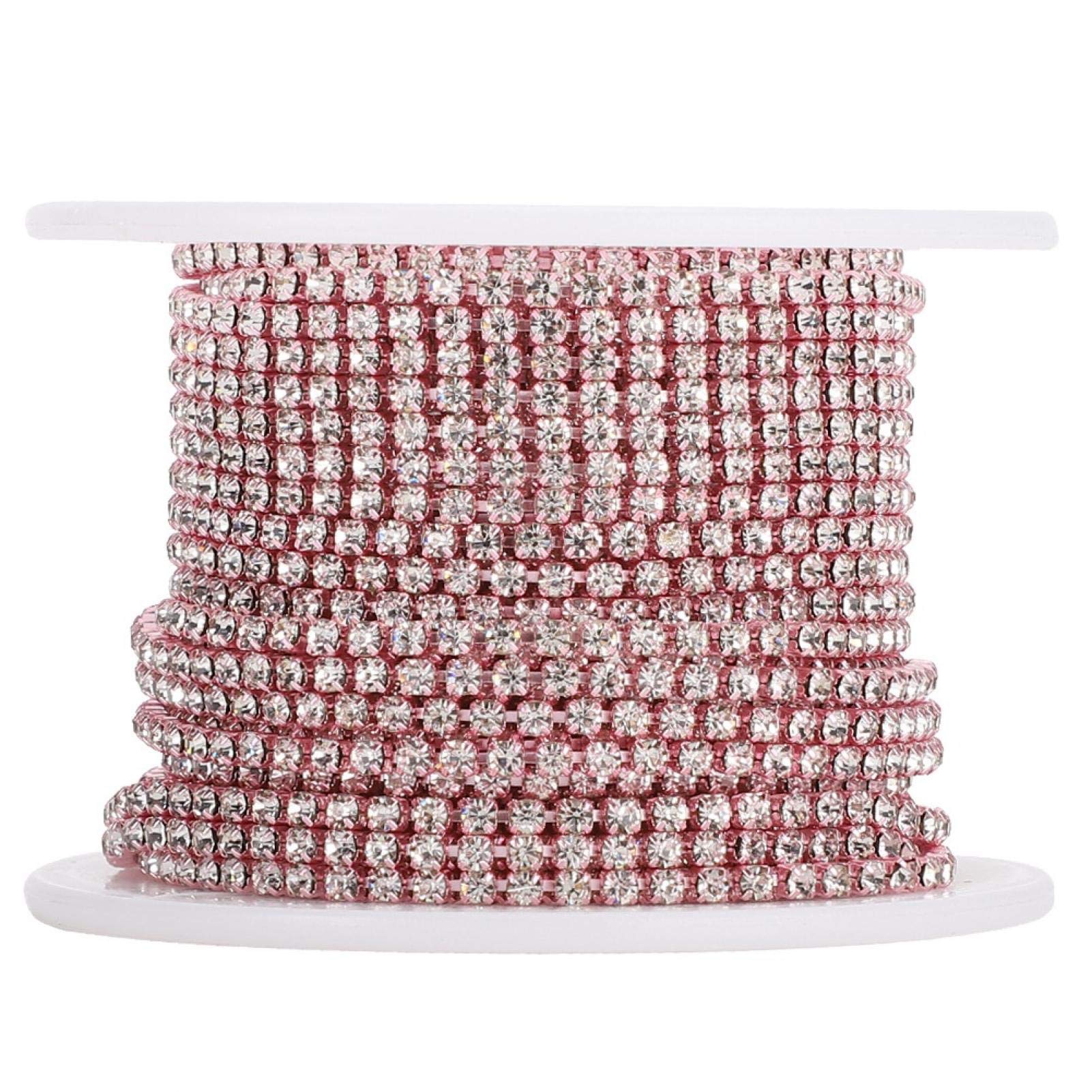 Rhinestones Chain 10 Yards Trimming Claw Chain SS6 Crystal Beads String Roll with Silver or Gold Bottom for DIY Crafts and Decorations(Pink)
