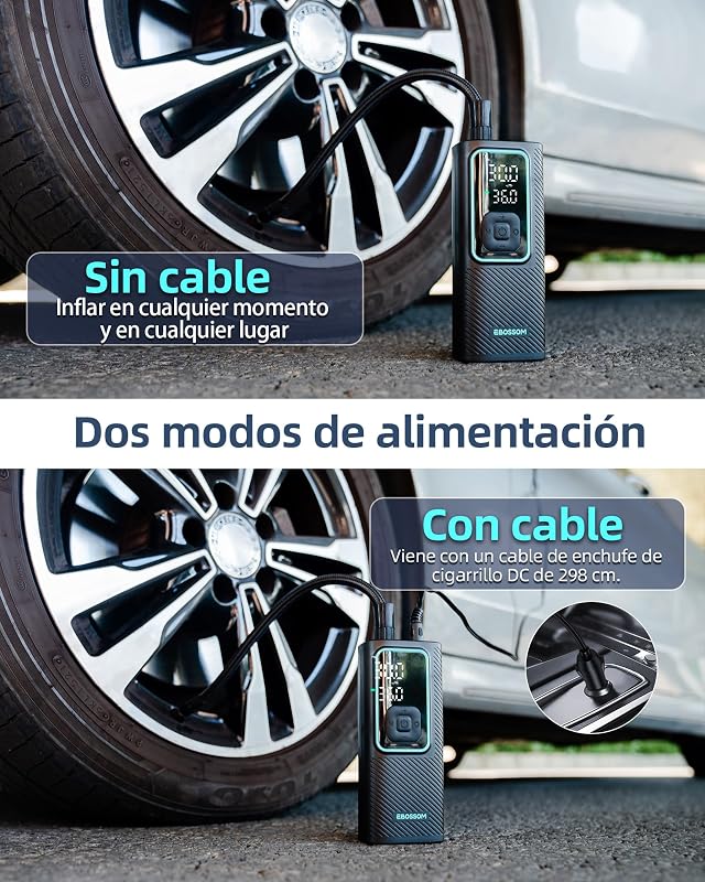 Compresor Aire Portátil de 10,3Bar, Inflador Ruedas Coche a Batería 6000 mAh y 12V DC, Mini Inflador Electrico para Auto, Moto, Bicicleta y Pelota, Bomba de Aire con Función de Luz LED, Carga USB-C