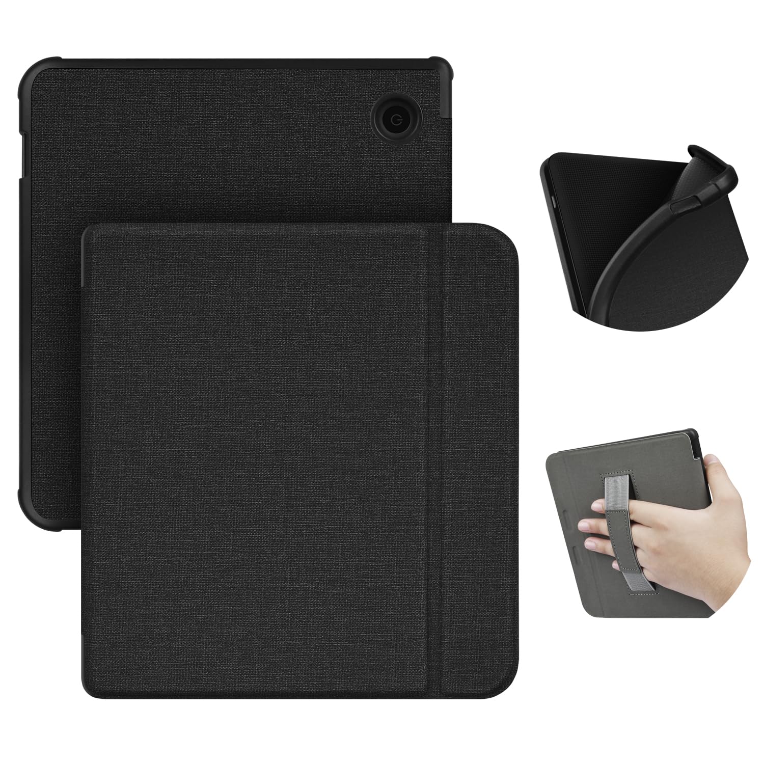 ERUNTO Case for 7-Inch Kobo Libra color(2024 Release)/Libra 2/Tolino vision 6, TPU Cover with Cloth Texture and Hand Belt on The Back, Magnetic Shell Cover with Smart Wake-up/Sleep Function(Black)