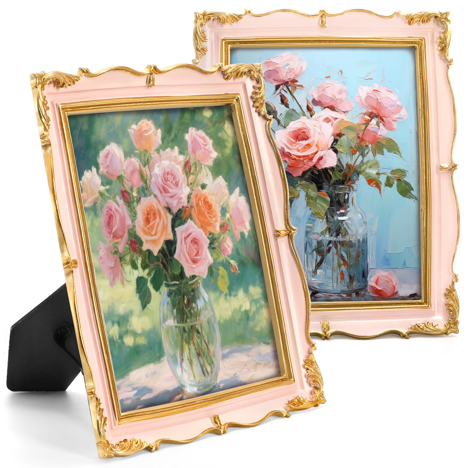 Photo 1 of Covzoe 6x8 Inch Vintage Photo Frames Set of 2, Pink Picture Frames with Golden Trim, Antique Display Pictures for Wall or Tabletop, Horizontal or Vertical