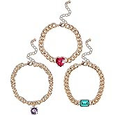 Jessica Simpson Gemstone Charm Chain Bracelet for Women 3-Piece, 7"+2" Chunky Charm Bracelets Gold-Tone with Gems