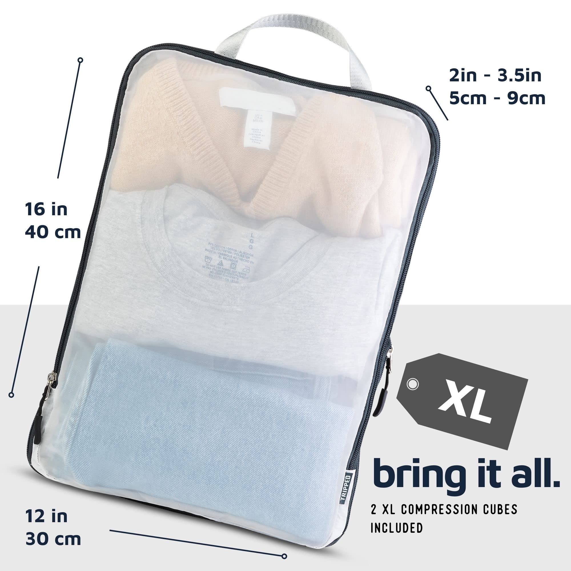 Large Packing Cube Set with See Through Mesh- Compression Packing Cubes Travel Organizers by TRIPPED Travel Gear (White)