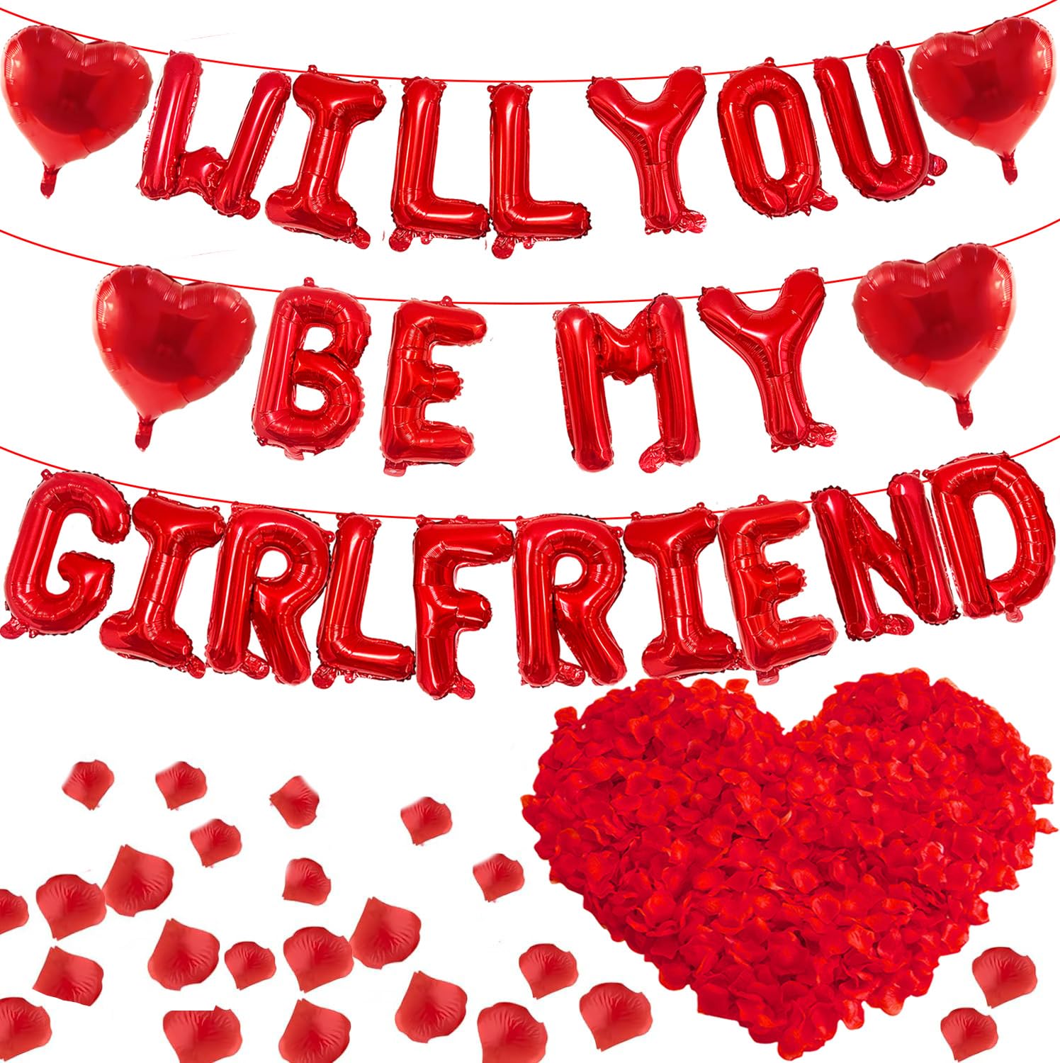 Photo 1 of 16 Inches Red 'WILL YOU BE MY GIRLFRIEND' Proposal Letter Balloons with Heart-Shaped Foil Balloons and Rose Petals for Romantic Special Night Decorations, Engagements, Proposals, and Valentine's Day
