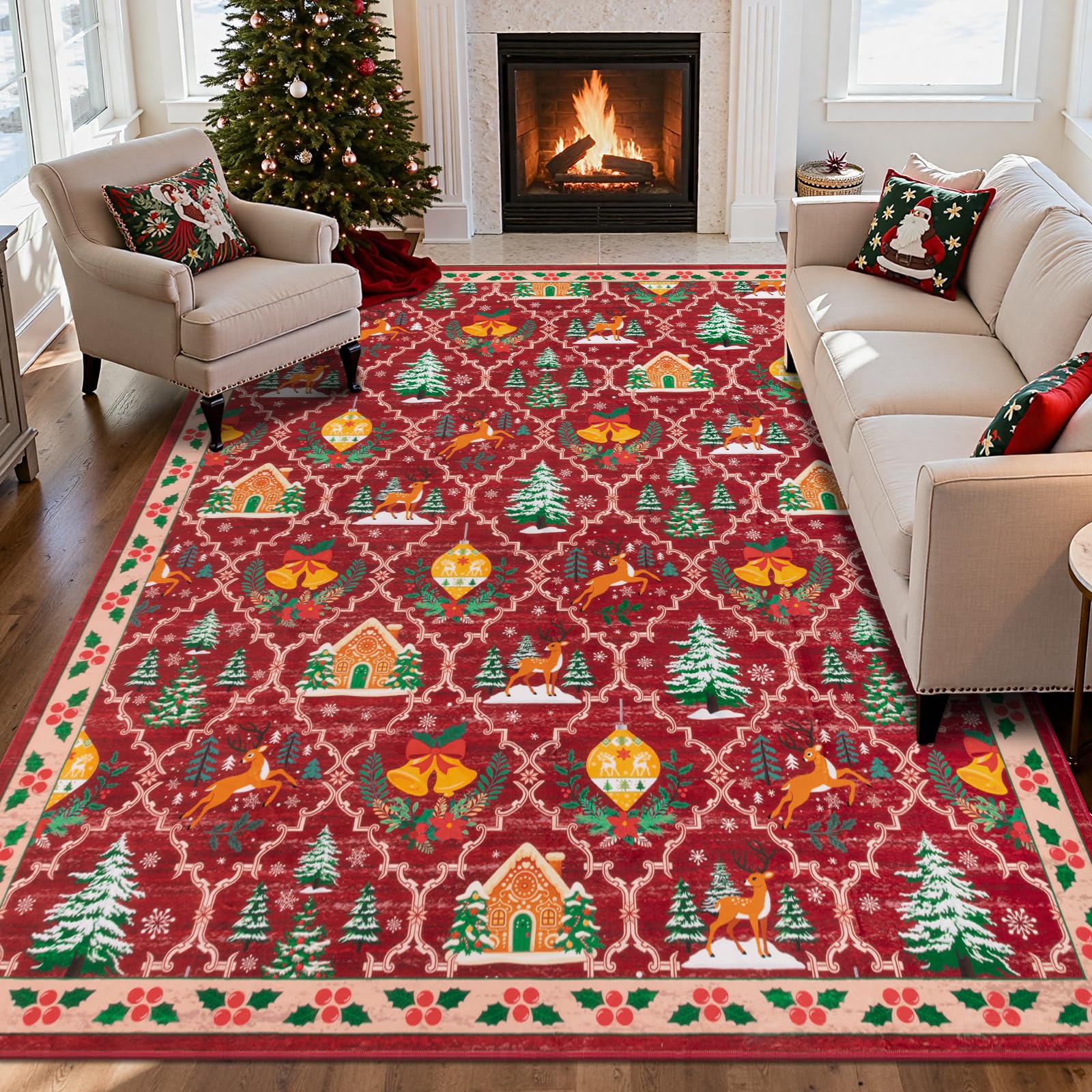 HEBE Christmas Area Rug 8'x10', Non Slip Farmhouse Red Rugs for Living Room, Washable Soft Area Rugs for Bedroom Christmas Low Pile Indoor Floor Carpet for Dining Room Xmas Holiday Decor Image