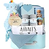Baby Gift Set Baby Shower Gifts Basket for Newborns New Born Baby Boy Gift Set Blue Baby Gift Basket with Baby Rattle Muslin Towel Security Blanket Gender Reveal Gifts for Baby Girls Boys