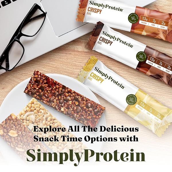 SIMPLY PROTEIN – DARK CHOCOLATE ALMOND CRISPY BARS – PLANT BASED PROTEIN BARS – LOW CARB, LOW SUGAR, HIGH FIBER – 13G PROTEIN, 2G SUGAR, 7G FIBER – VEGAN, GLUTEN FREE, NON GMO, KOSHER – 8 BARS