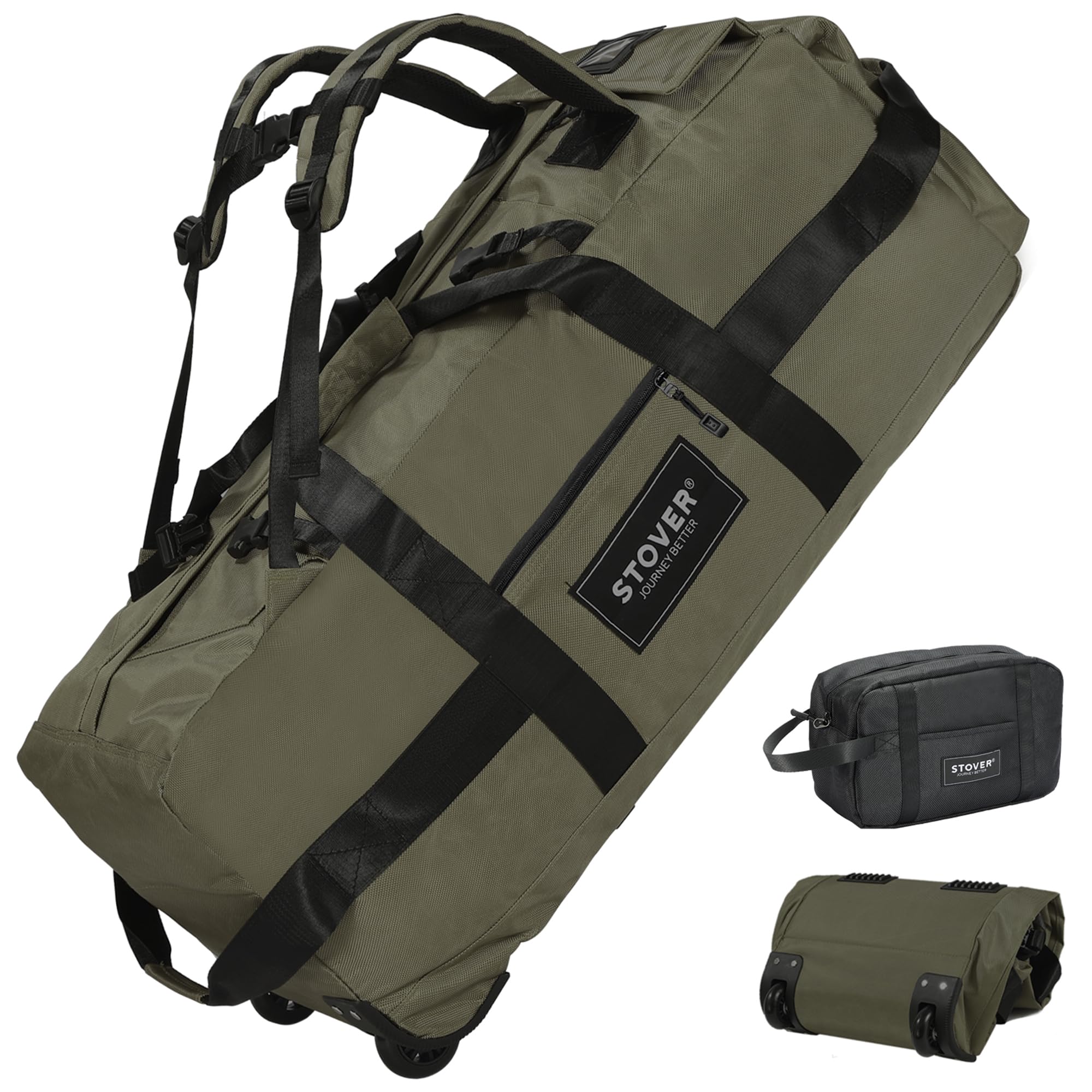 Photo 1 of STOVER 100L Rolling Duffel Bag with Wheels, X-Large 35 Inch Durable Travel Duffle + Toiletry Bag, Heavy Duty, Packable w/Shoulder Straps- Use as Luggage or Backpack, Men/Women (Green)