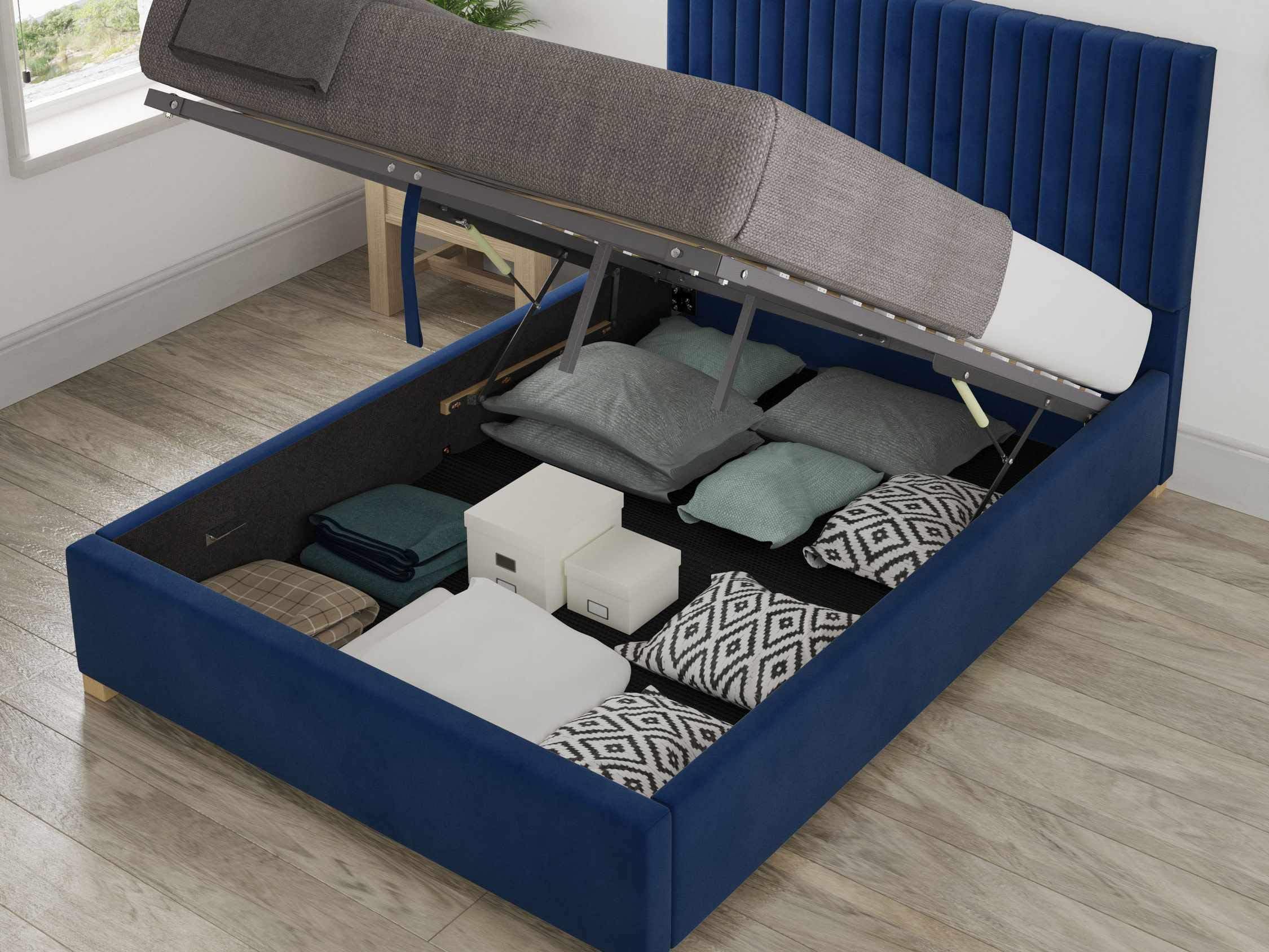 Aspire Beds Piccadilly Upholstered Ottoman Storage Bed Plush Velvet in Navy Single (3ft) made in UK