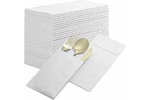 BLOOMINGOODS 50-Pack Disposable Linen-Feel Dinner Napkins with Built-in Flatware Pocket, WHITE Prefolded Cloth Like Paper Napkins For Dinner, Wedding Or Party [Silverware NOT Included]