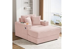 DAMAIFROM Oversized Chaise Lounge Chair Indoor with USB, Cup Holder & Ottoman, Firm Solid Wood Frame with Long Service Life Corduroy Oversized Lounge Reading Chair for Study Room - Pink