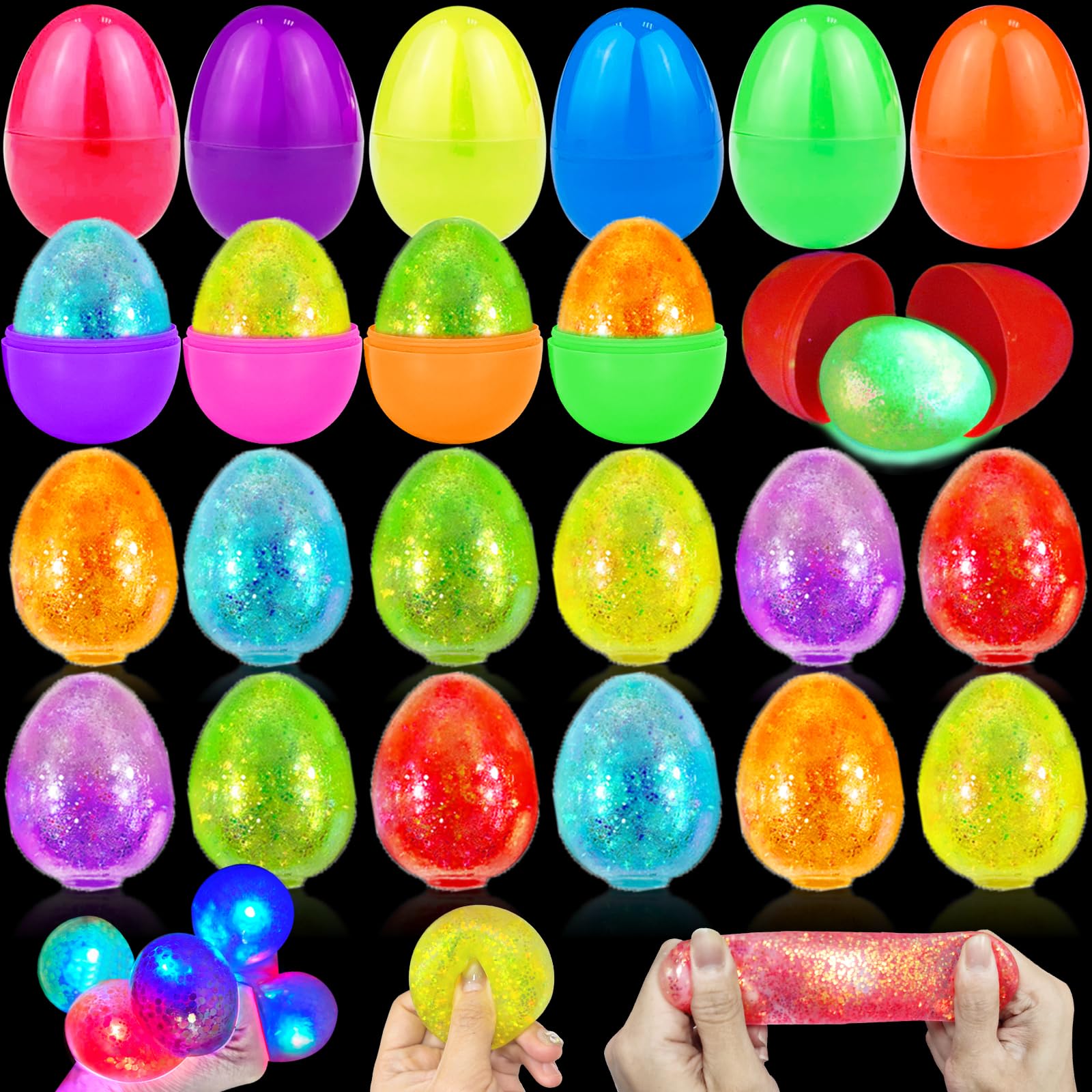 Photo 1 of 12 Pack Easter Eggs Prefilled with Light Up Glitter Squeeze Squishy Stress Balls Relief Fidget Toys Filler , Glow in The Dark Easter Basket Stuffers Essential Gift Kids Adults Surprise Egg Hunt Favor