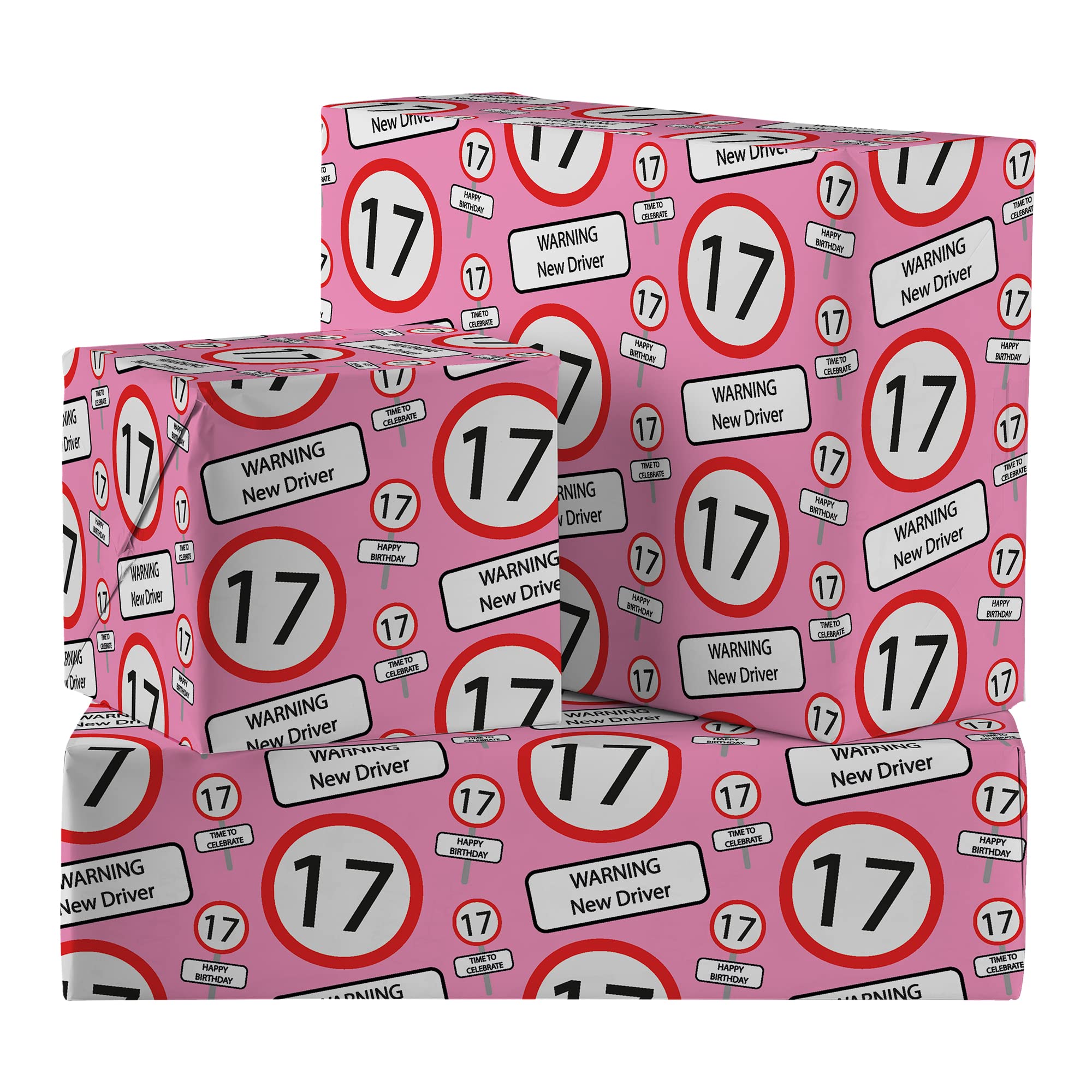 Hunts England - 2 Sheets Of Humorous 17th Birthday Luxury Wrapping Paper - Pink - Includes 2 Gift Tags - Age 17 Folded Gift Wrap For Him/Her - Road Sign Collection - Age Seventeen Gift Wrap