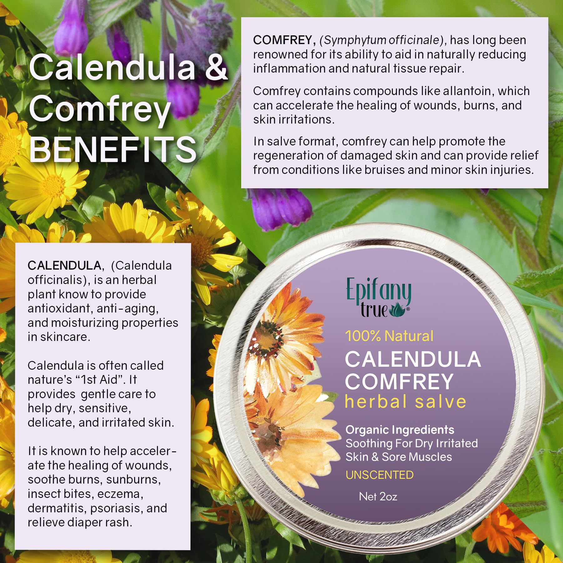 All-Purpose Calendula & Comfrey Herbal Salve 2oz, Fragrance Free, Natural Herbal Ointment, Dry Skin Soothing Balm, Itch Relief, Organic Ingredients